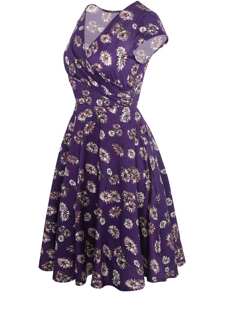oxiuly Women's V-Neck Cap Sleeve Floral Casual Work Stretchy Swing Dress OX233 (L, Purple Floral) - Image 3